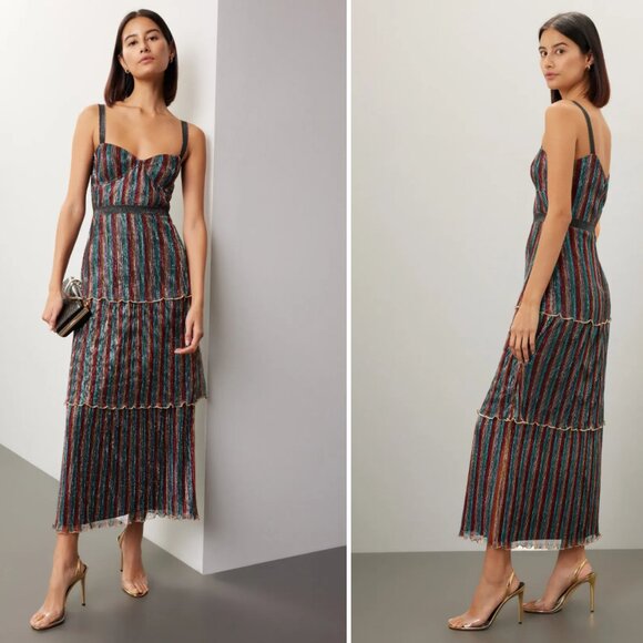 saylor-dresses-saylor-metallic-stripe-tiered-midi-dress-size-medium